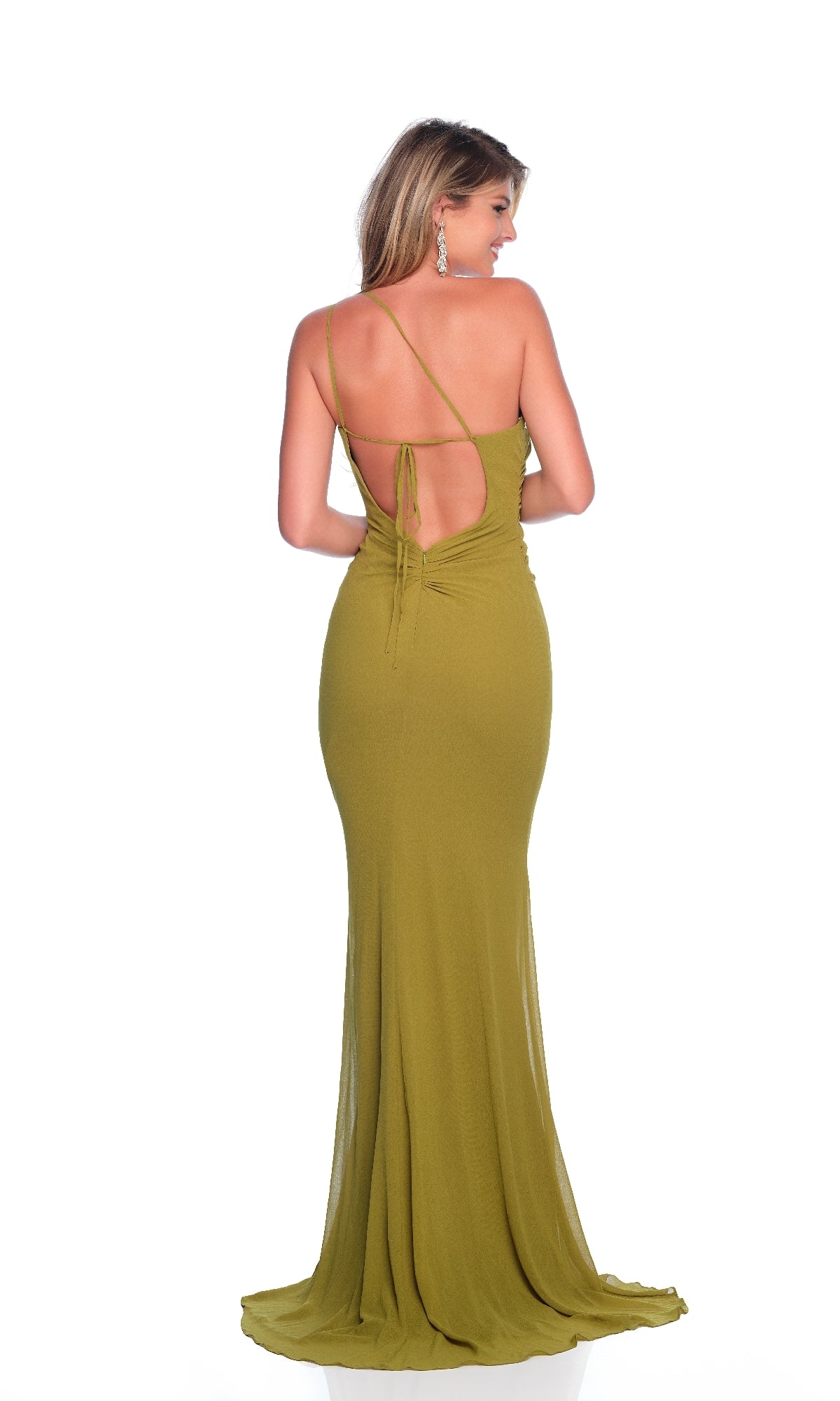 A woman stands facing away against a white background, wearing the Dave and Johnny 12245 long prom dress—an olive green, fitted jersey gown with thin straps, an open back, and floor-length design.